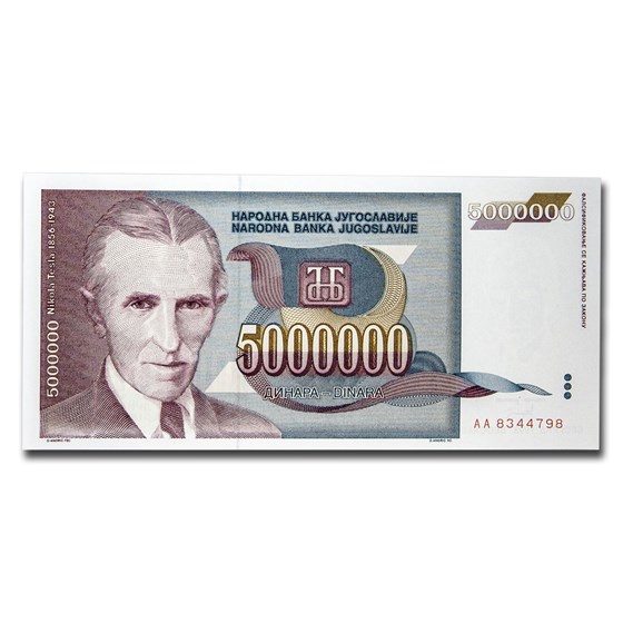 1993 Yugoslavia 5000000 Dinara Tesla/AC Current CU 1993 Yugoslavia 5000000 Dinara Tesla/AC Current CU